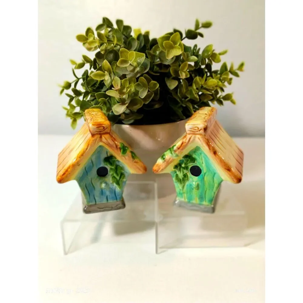 Cottage Bird House Salt & Pepper Shakers Hand-Painted Miniatures Ceramic